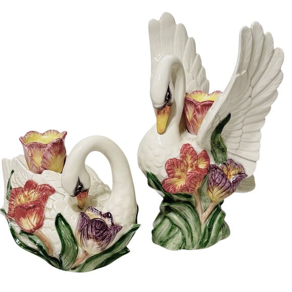 Pair 2 FITZ & FLOYD Swan Tulip Candle Holder 1995 Spring Easter Vintage